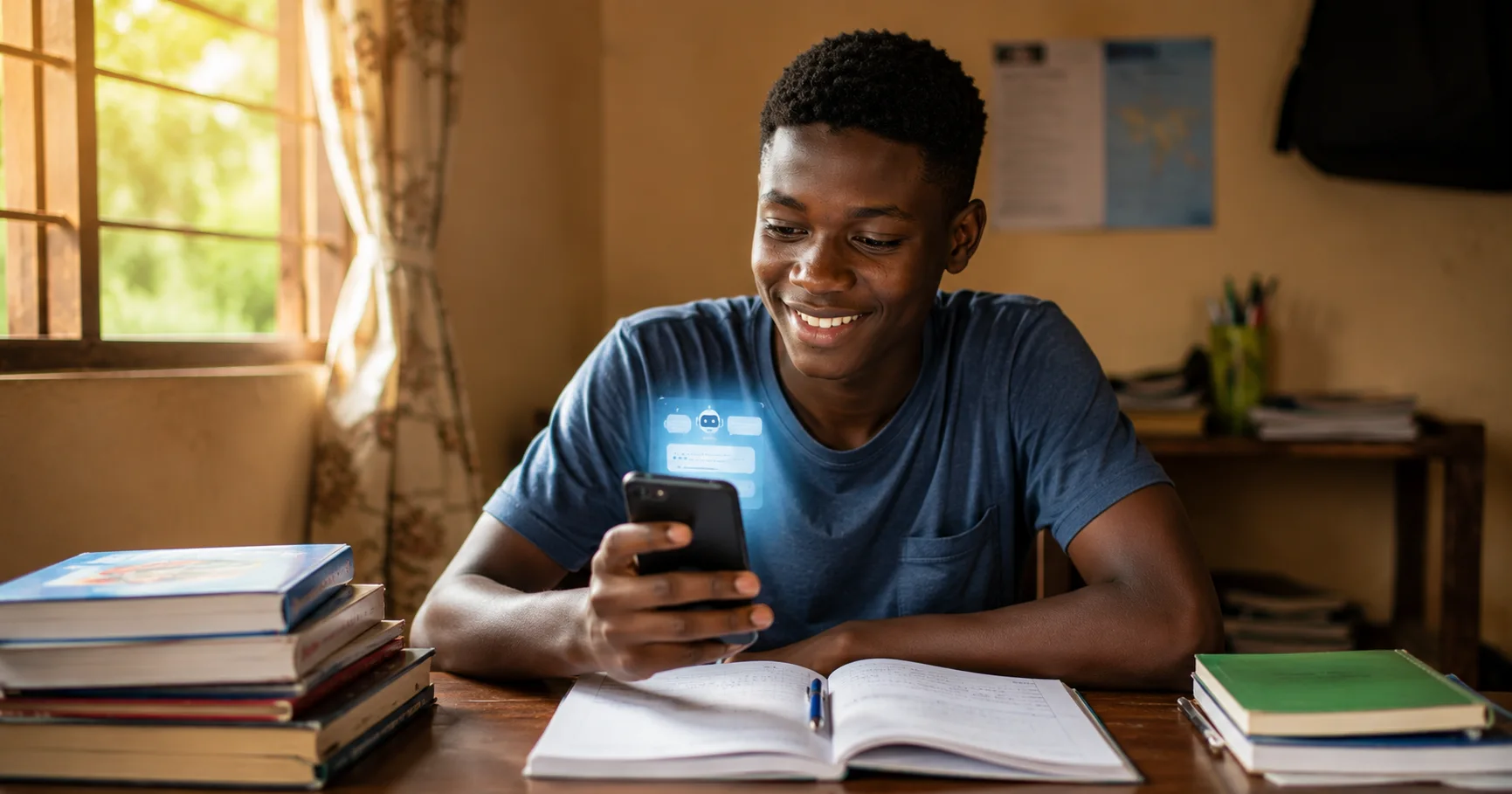 Student chatting with EduGhai AI tutor on smartphone while studying with notebooks and textbooks