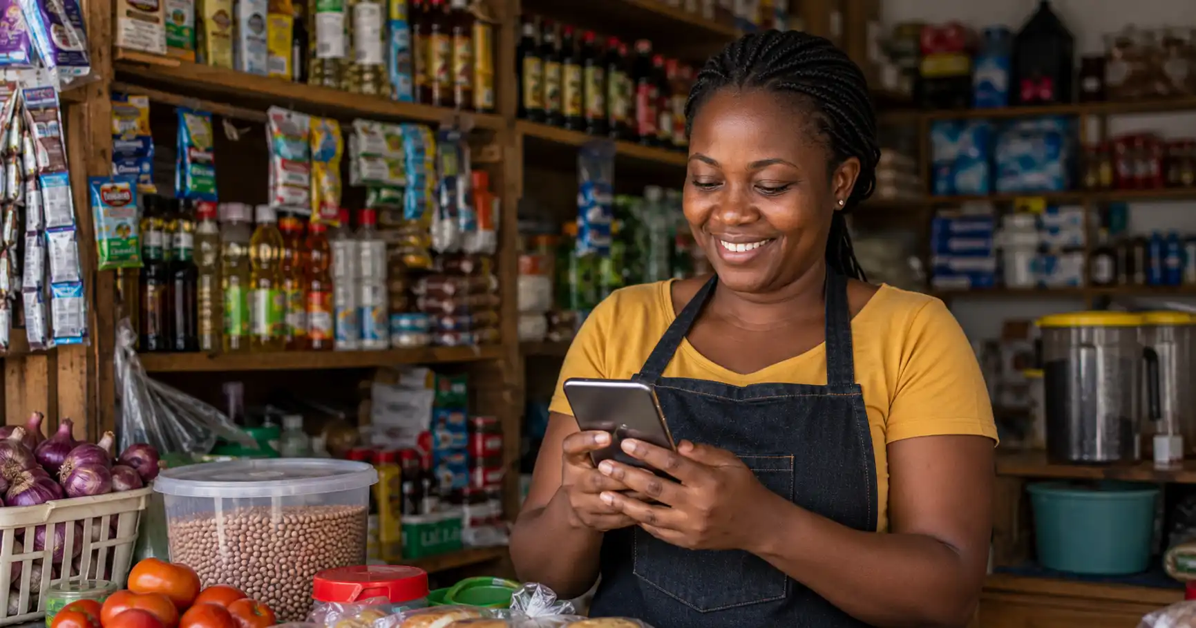 Ghanaian shop owner using AI tools on smartphone to help run her business