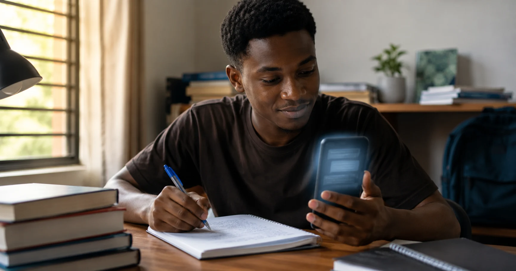 "Student comparing handwritten notes with AI chat on smartphone while studying