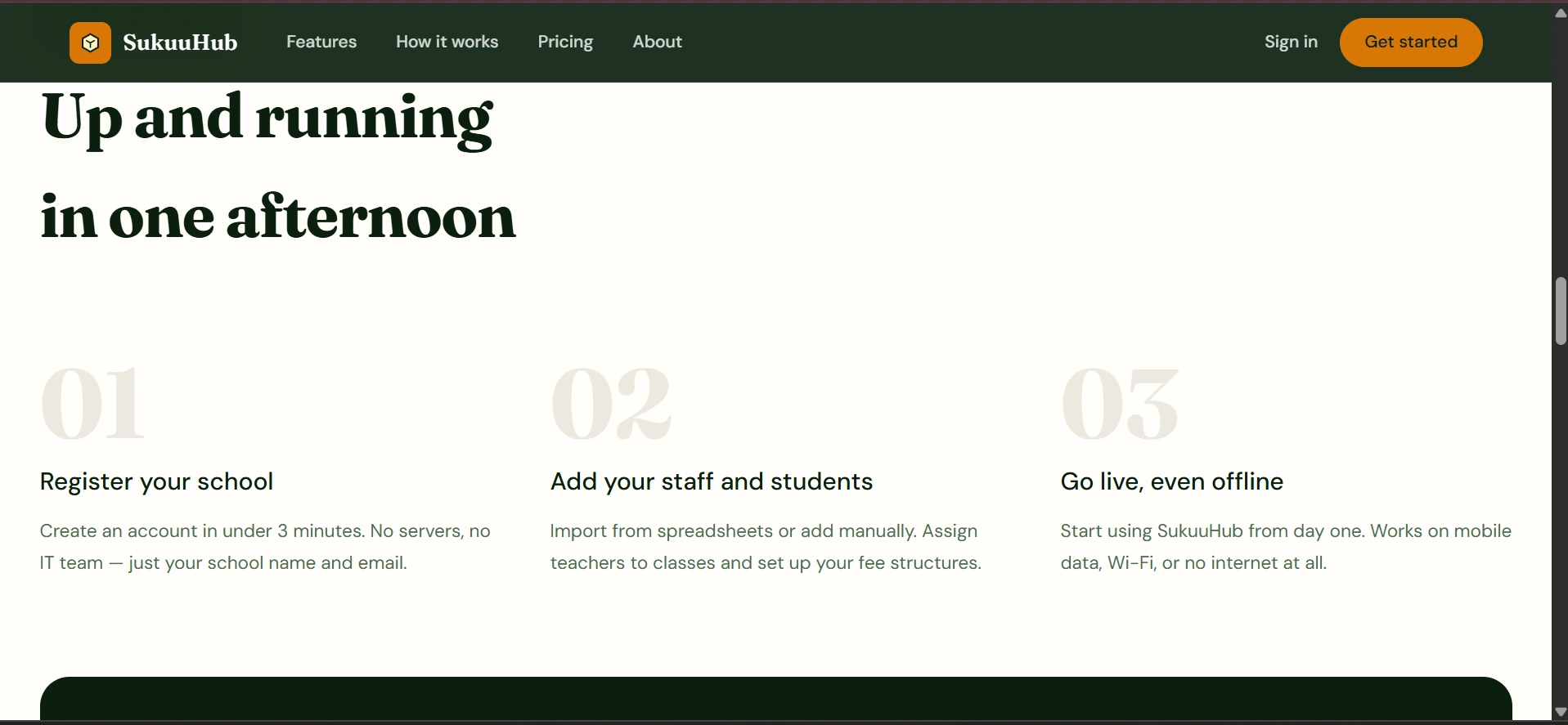 SukuuHub 3-step onboarding: register school, add staff and students, go live even offline
