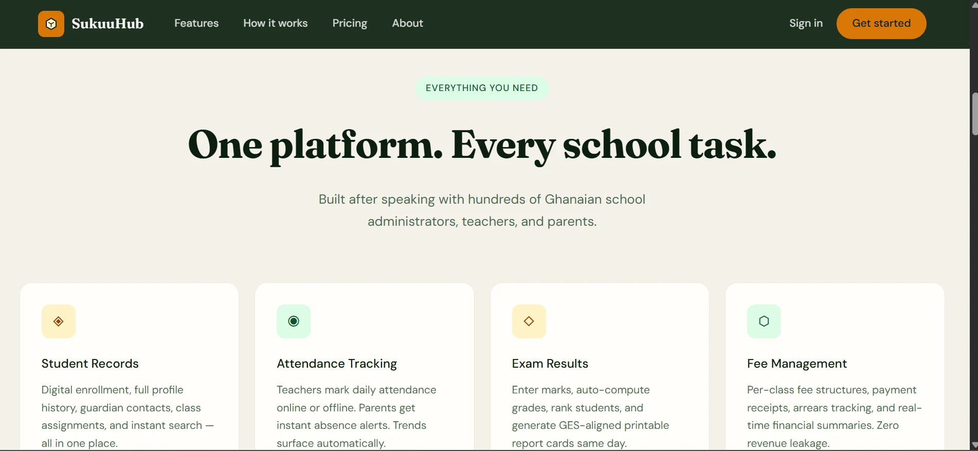 SukuuHub features overview: student records, attendance tracking, exam results, and fee management