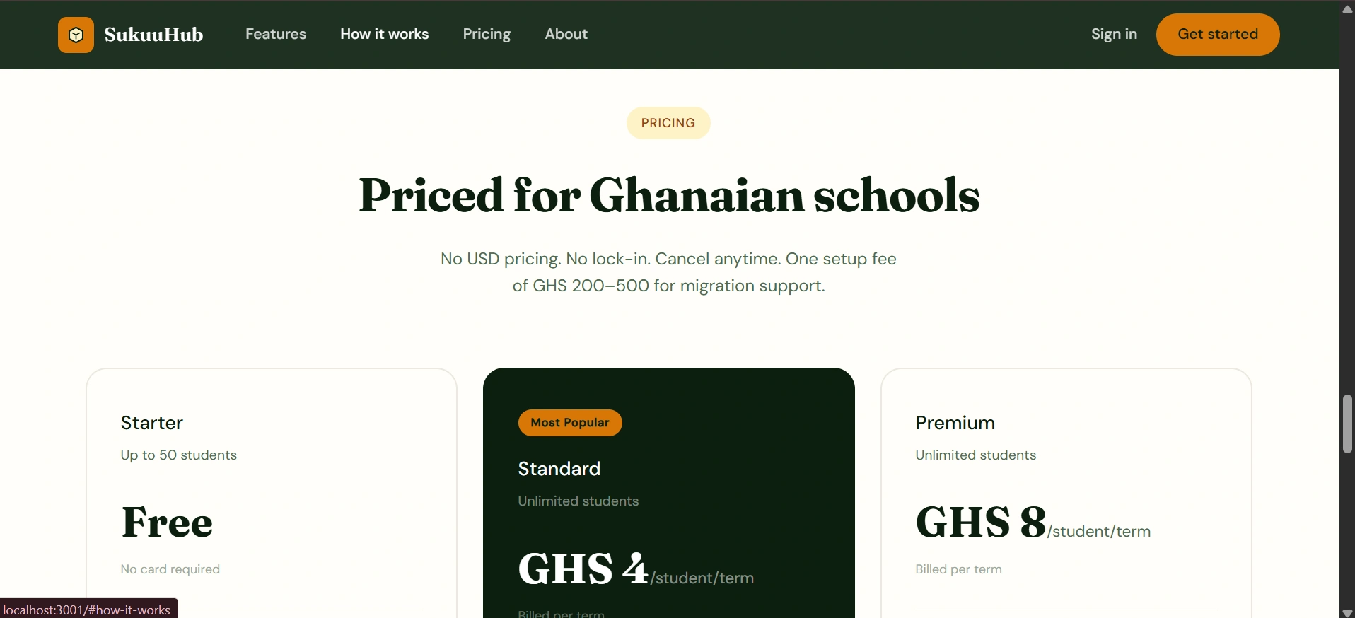 SukuuHub pricing plans showing Starter free tier, Standard GHS 4 per student per term, and Premium GHS 8 per student per term