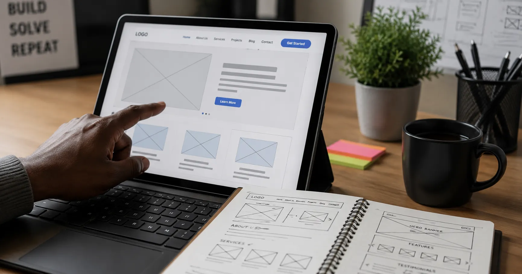 Developer reviewing a website wireframe on tablet next to hand-drawn sketches