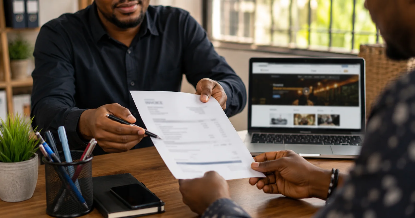 Developer handing over an invoice to a client with a finished website shown on laptop screen