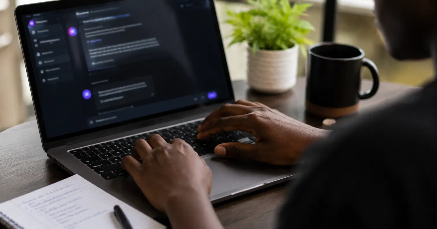Close-up of hands typing an AI prompt on laptop with handwritten notes nearby