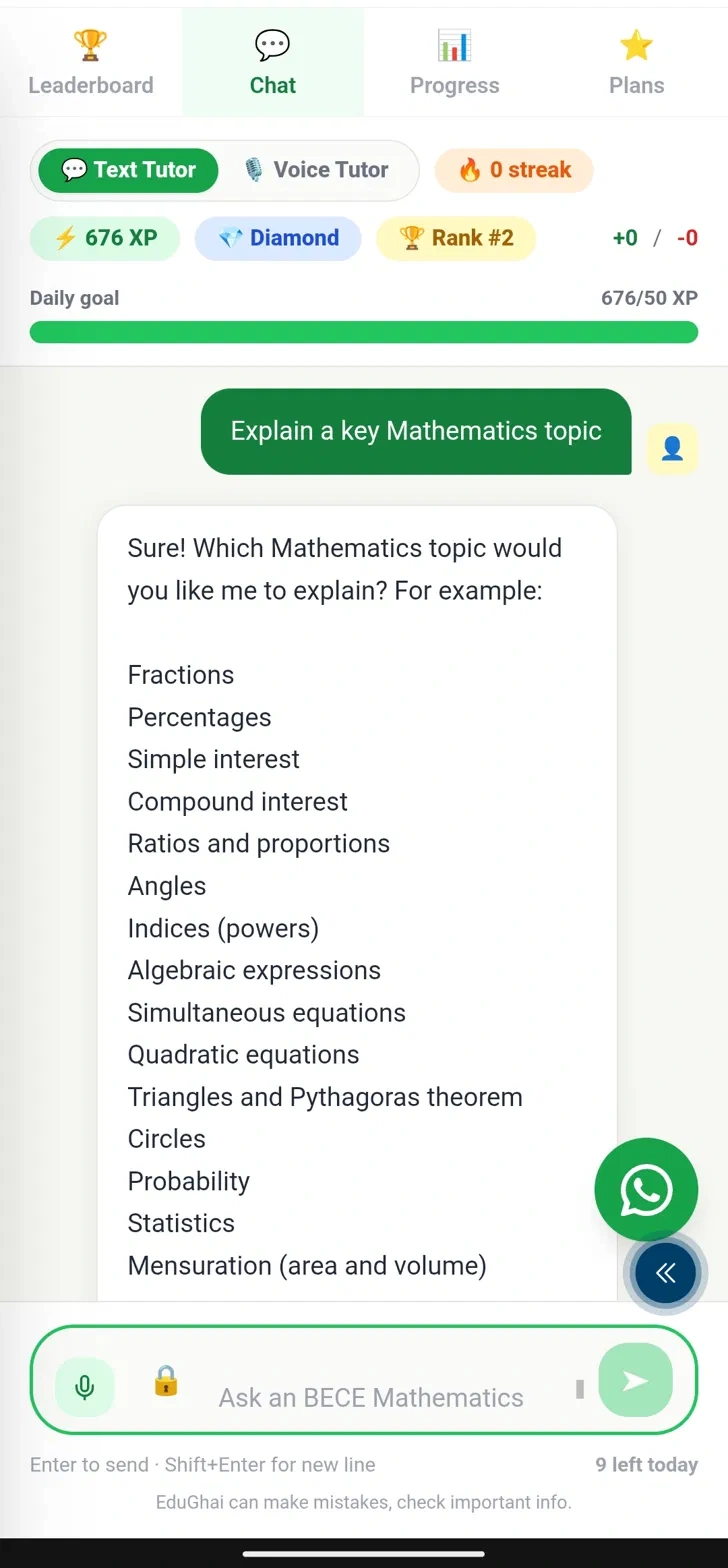 EduGhai AI tutor chat listing key Mathematics topics for BECE