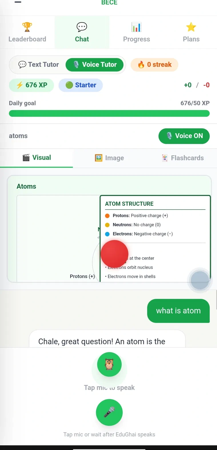EduGhai voice tutor showing a visual explanation of atom structure