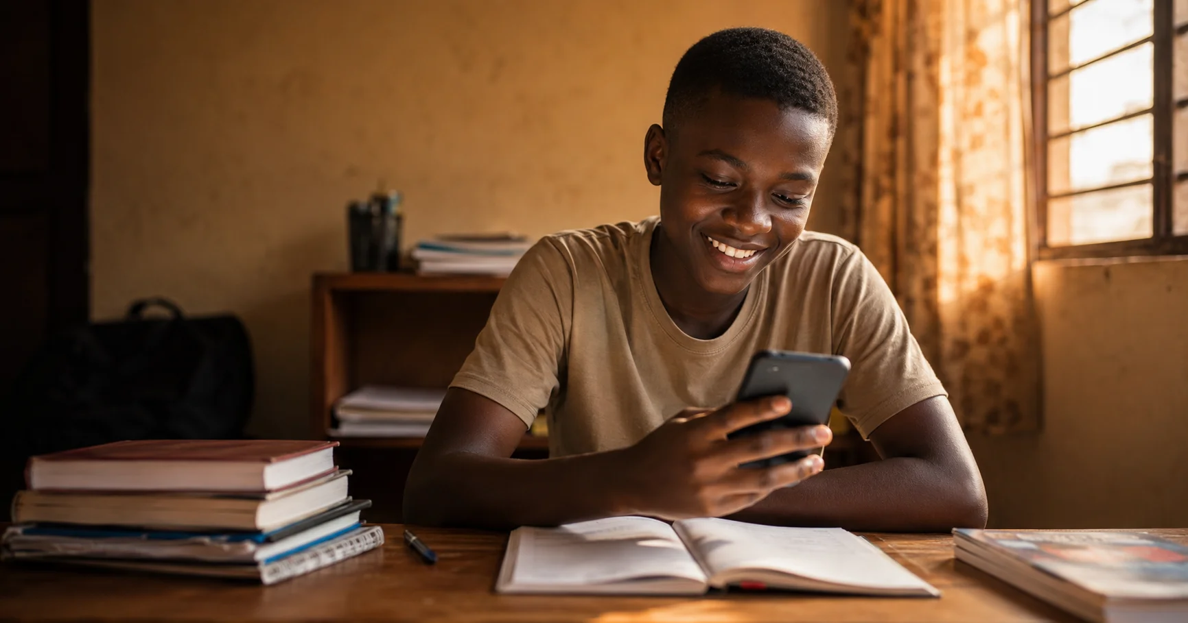 "Ghanaian student smiling while using EduGhai AI tutor on smartphone to study for BECE and WASSCE exams