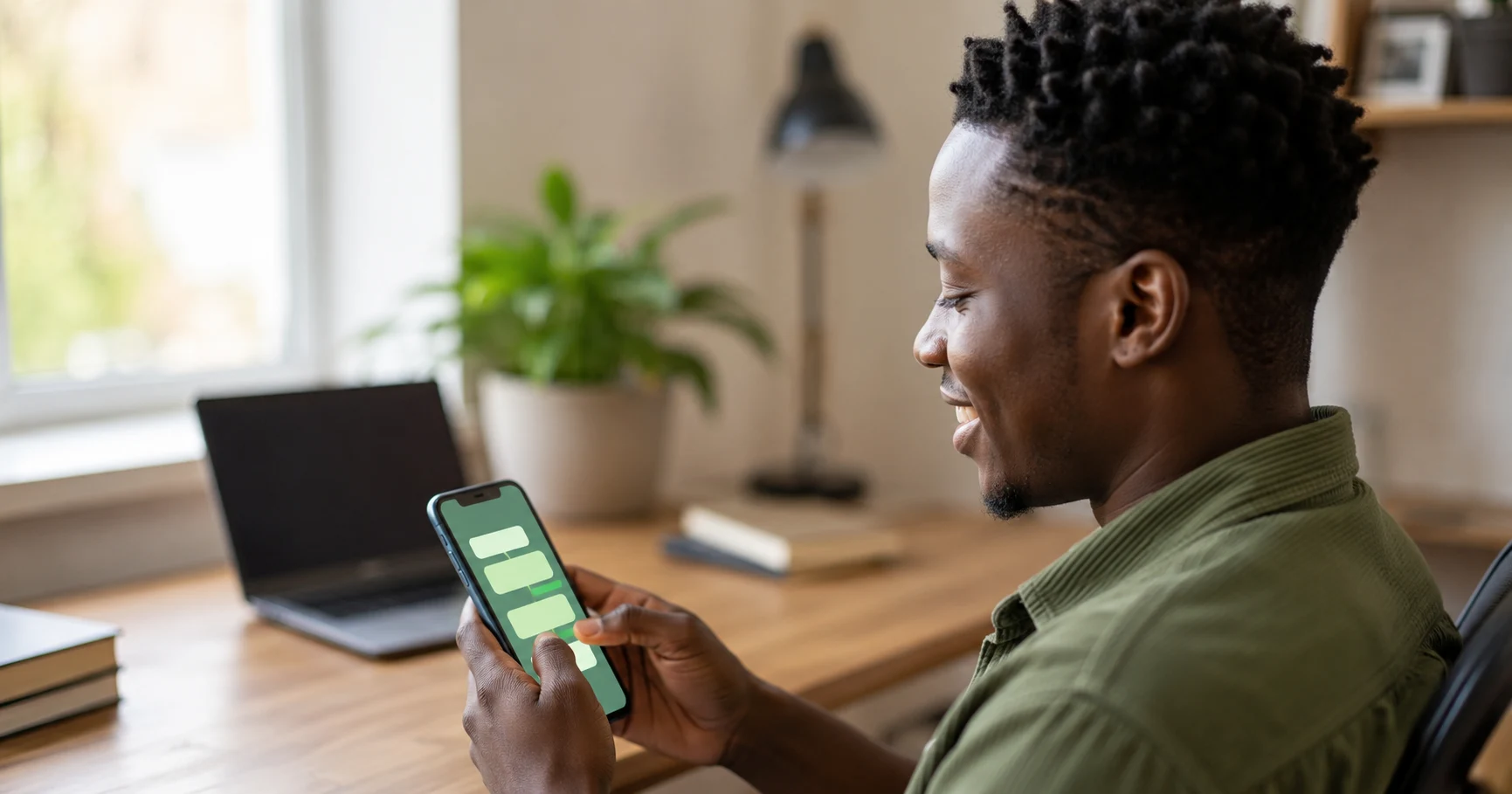 Young Ghanaian professional smiling while using Emmaktech AI Hub on smartphone at desk