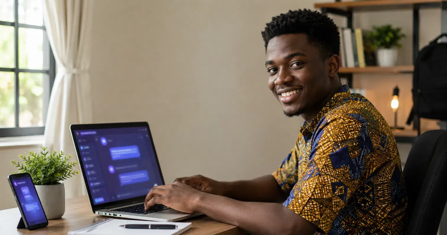 Young Ghanaian professional smiling while typing an AI prompt on laptop