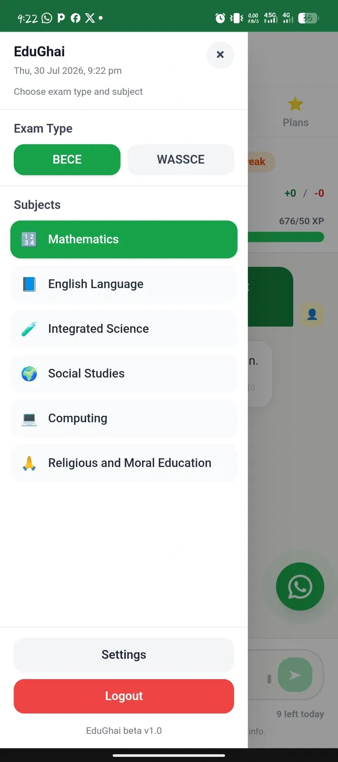EduGhai app menu showing BECE and WASSCE exam type and subject selection